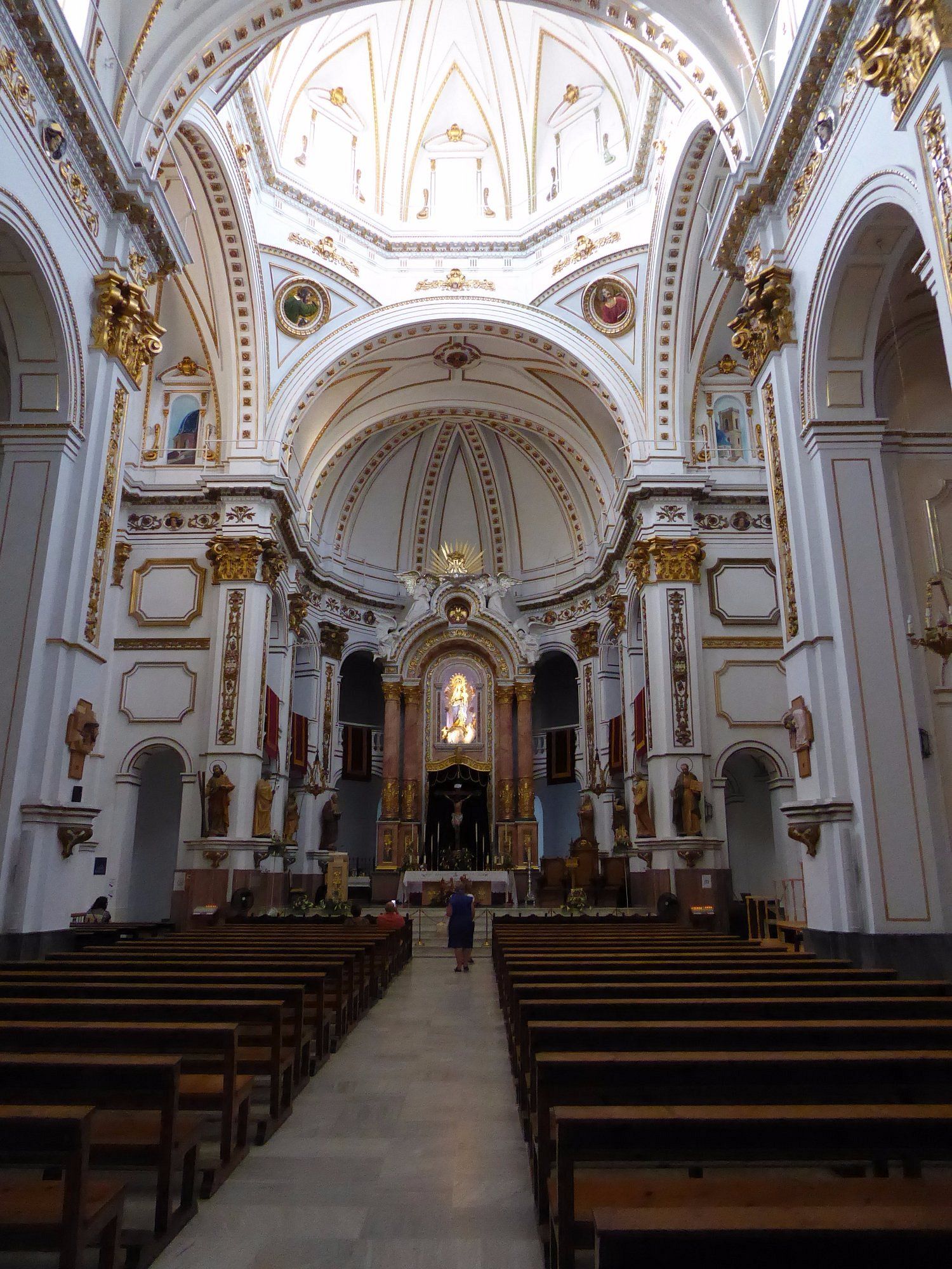 Inside the iconic blue and white tiled domes of the Church of Our Lady of Consolation in Altea's Old Town, Spain